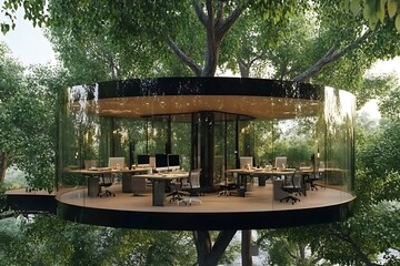 Sustainable glass office built within a green forest environment high resolution image