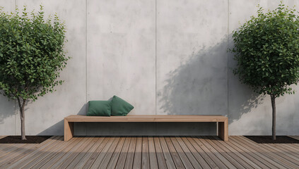 Modern wooden bench with green cushions in a minimalist garden setting