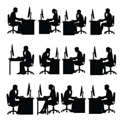 Silhouettes of office workers at their desks in a modern workspace environment viewed from the side