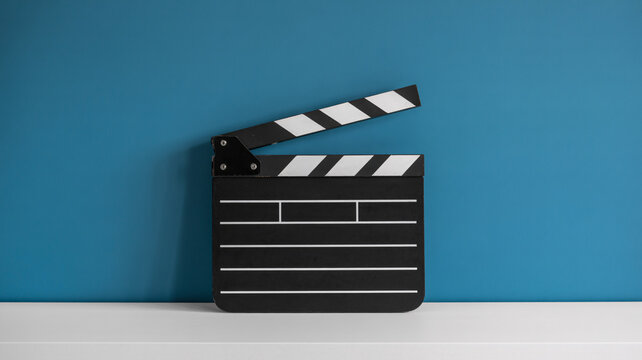 Film clapper board on blue background for movie production