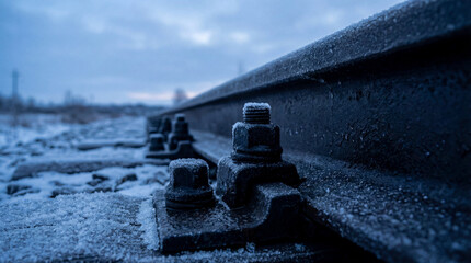 Close-up of frozen railway tracks with icy bolts and snowy ground in winter setting. Winter scene captures frosty details of railway components,