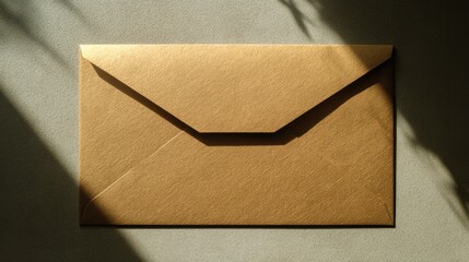 Gold Brown Envelope on Desk with Dramatic Shadow, Minimalist Office Mail Concept for Business Communication and Personal Letter