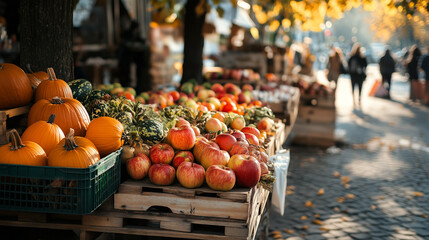 Farmers market table filled with pumpkins and apples during autumn in the city