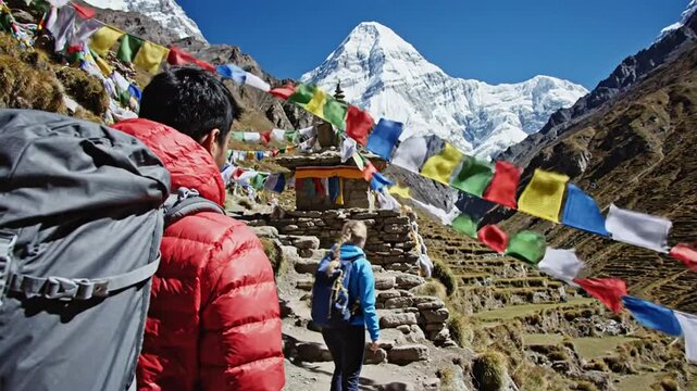 Trekking through the Himalayas with prayer flags and majestic mountains.
