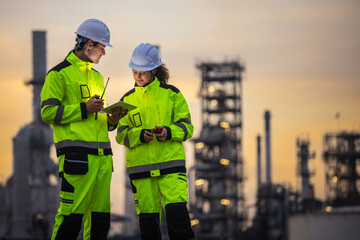 Engineers Using Digital Tablet for Technical Inspection at Oil Refinery Plant During Sunset,...