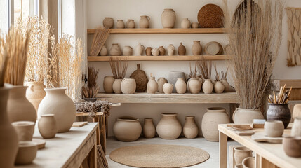 Home studio corner filled with sculpted clay pots and ceramics in a natural light setting