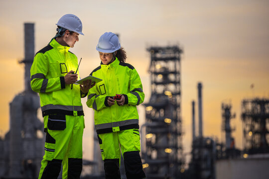 Engineers Using Digital Tablet for Technical Inspection at Oil Refinery Plant During Sunset, Industrial Specialists Discussing Green Energy Project and Sustainability at Petrochemical Factory
