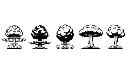A set of five different mushroom cloud illustrations in black and white