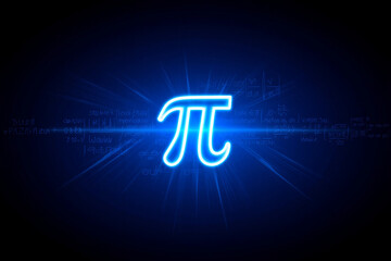 Glowing blue mathematical symbol pi on dark blue background with mathematical equations and bright light rays  science and education concept
