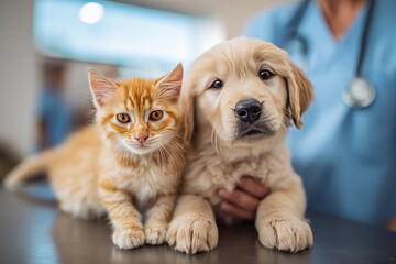 Cute Cat And Golden Retriever At Veterinary Clinic, Pet Care, Animal Health, And Friendly Vet Staff In Background
