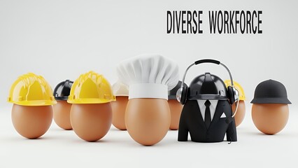 3D eggs representing a diverse workforce wearing uniforms of various professions including engineer, chef and call center manager, concept for human resources, equality and career growth