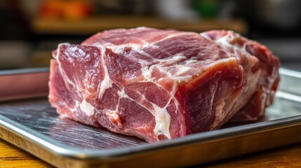 Obraz premium A piece of pork shoulder sits on a metal tray in a kitchen. The meat is fresh and unseasoned waiting for preparation. This is a common meat choice for many meals.