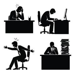 Busy office workers experiencing stress and workload at their desks in a modern office environment from a straightforward viewpoint