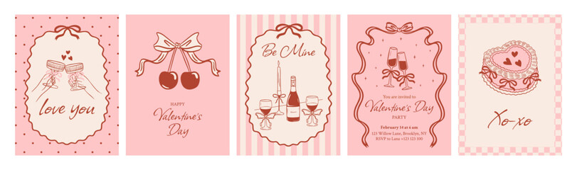 Happy Valentine's Day greeting cards in a whimsical coquette style. Party invitations in line art doodle style. Romantic border with ribbon frame and bow in the la Dolce Vita aesthetic.