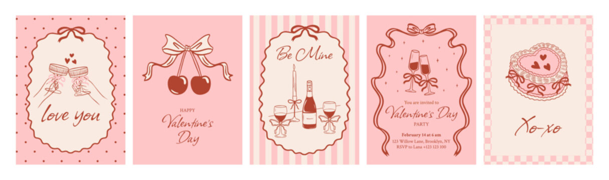 Happy Valentine's Day greeting cards in a whimsical coquette style. Party invitations in line art doodle style. Romantic border with ribbon frame and bow in the la Dolce Vita aesthetic.