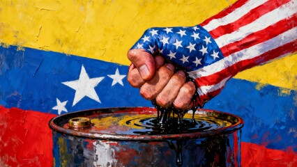 hand painted with the American flag squeezes a barrel of oil painted with the Venezuelan flag