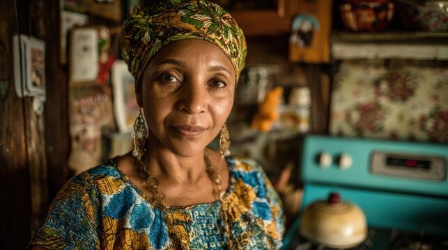 Image of a proud African American woman in vibrant Garifuna attire posed in her kitchen