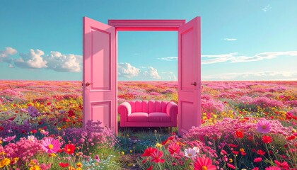 A surreal and vibrant scene featuring an open pink door with a matching pink couch inside, positioned in the middle of a colorful flower field. The sky is clear, creating a dreamlike atmosphere.