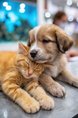 Adorable Puppy Nuzzles a Sleepy Kitten in a Cozy Moment of Pet Bonding, Tender Companionship Between Dog and Cat, Warm Family Vibe