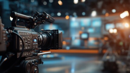 A camera is set up in a television studio. The studio has bright lights and multiple screens in the background. The scene captures the broadcast atmosphere.