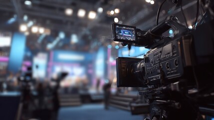 A video camera is focused on a busy television set. Crew members prepare for a live show in the background. Bright lights illuminate the space creating a lively atmosphere.