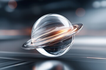Glass sphere with glowing rotating energy rings symbolizing technological innovation motion balance and futuristic dynamic power concept, Generative AI