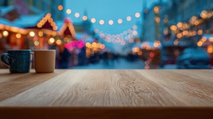 Cozy Cafe Table With Mugs Overlooking Festive Market Lights At Dusk