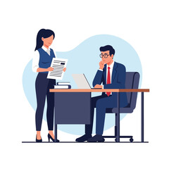 Business professionals collaborating in a modern office environment with documents and technology