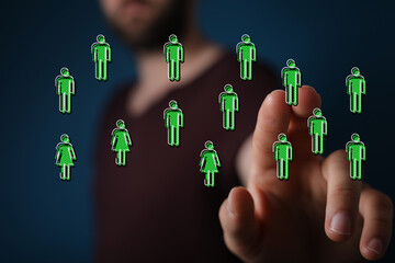 Abstract illustration of connection and networking with a person touching digital figures...