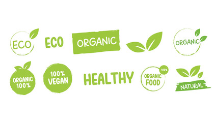 A collection of green eco friendly labels and badges for organic food and healthy products
