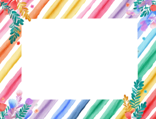 Rainbow stripe watercolor frame, floral border, blank space, greeting card design
