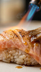 Torch seared salmon sushi nigiri close-up