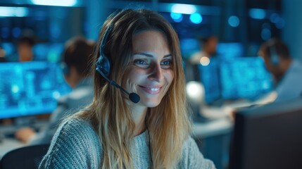 Naklejka premium Cheerful tech support agent on a headset working at a computer in a dim control room with coworkers and screens