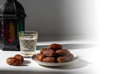 Dates, water, and traditional lantern for Iftar during the holy month of Ramadan.