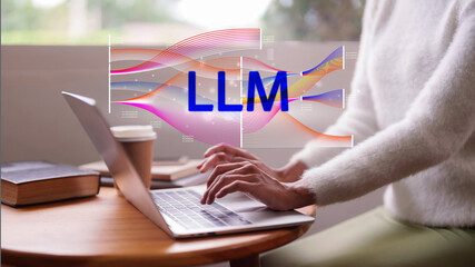 Professional use laptop understand LLM artificial intelligence, large language model, data analysis for business innovation