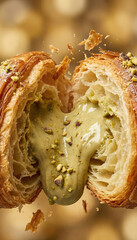 Pistachio cream filled croissant cut open close-up