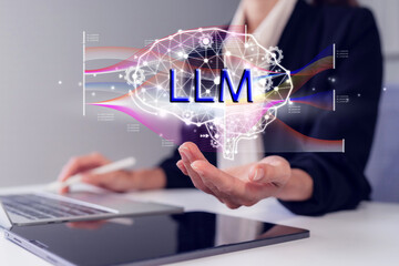 Business professional presenting holographic brain with LLM for artificial intelligence development and big data analysis future technology large language model ai