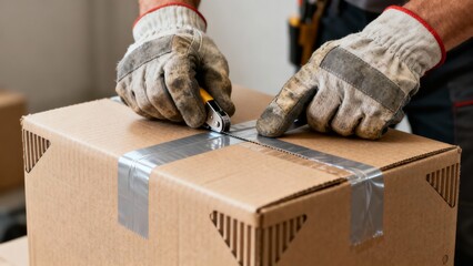 the hands of  professional mover wearing gloves, carefully sealing a cardboard box without any writing or labels using high-quality packing tape