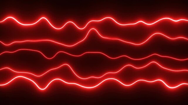 Multiple Horizontal Lines of Bright Red Neon Wavy Energy Waves Against a Dark Red Background abstract