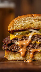 Juicy cheeseburger with melted cheese and sauce close-up
