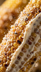 Grilled corn on the cob with creamy sauce and spices close-up