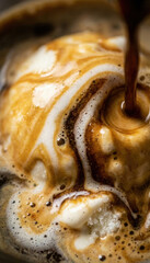 Caramel latte macchiato with foam swirl close-up