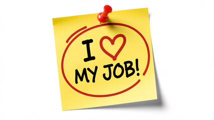 Yellow sticky note with I love my job message pinned on white background