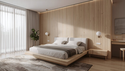 Modern bedroom interior with wooden walls and a low platform bed