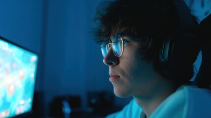Side profile of young hacker wearing glasses and headphones, concentrating on computer monitor. Cybersecurity, coding, software development and digital work environment