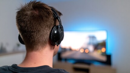 Rear view of programmer with headphones looking at glowing screen. Dark tech setup, hacking concept, cyber defense, data analysis and modern digital workspace