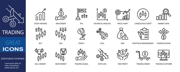 Trading icon set featuring stock trading, investment, technical analysis, price charts, buy sell actions, and risk management. Ideal for fintech apps, financial websites, dashboards, and ui design.