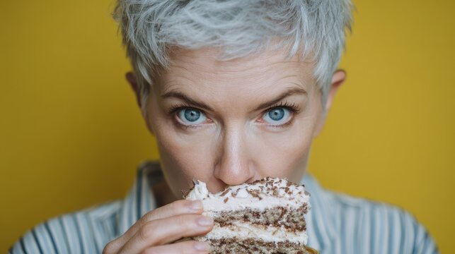Image of a woman with short gray hair discreetly enjoying cake Eating disorders Anxiety driven hunger Work related stress