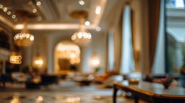 Luxurious hotel lobby interior creating sophisticated atmosphere with elegant chandeliers and soft bokeh light, reflecting opulence and grand design for premium hospitality