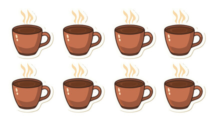 template set of sticker characters featuring a steaming hot cup of chocolate with a flat design...